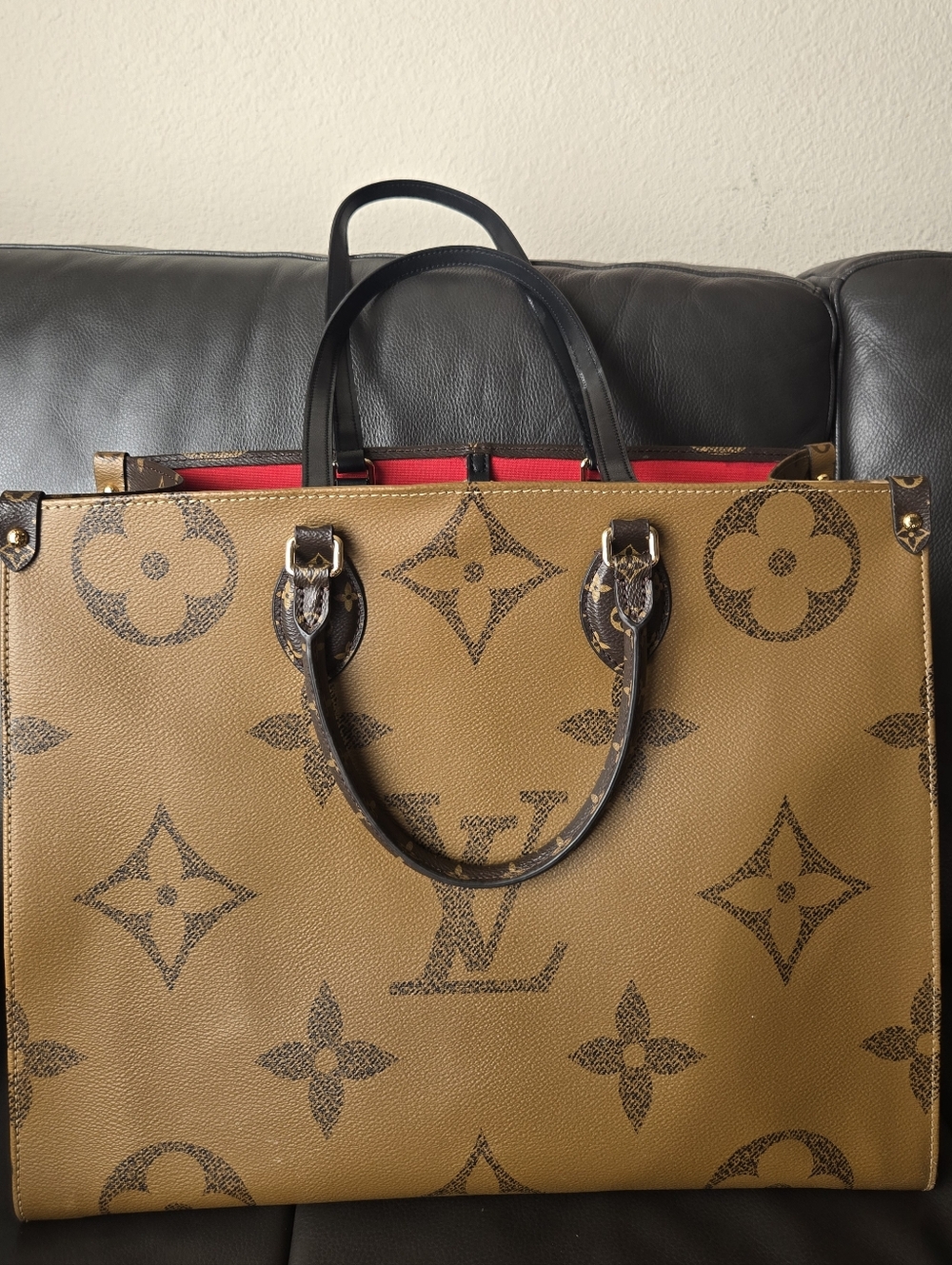 Two-Tone Monogram Canvas Carryall Tote with Red Interior